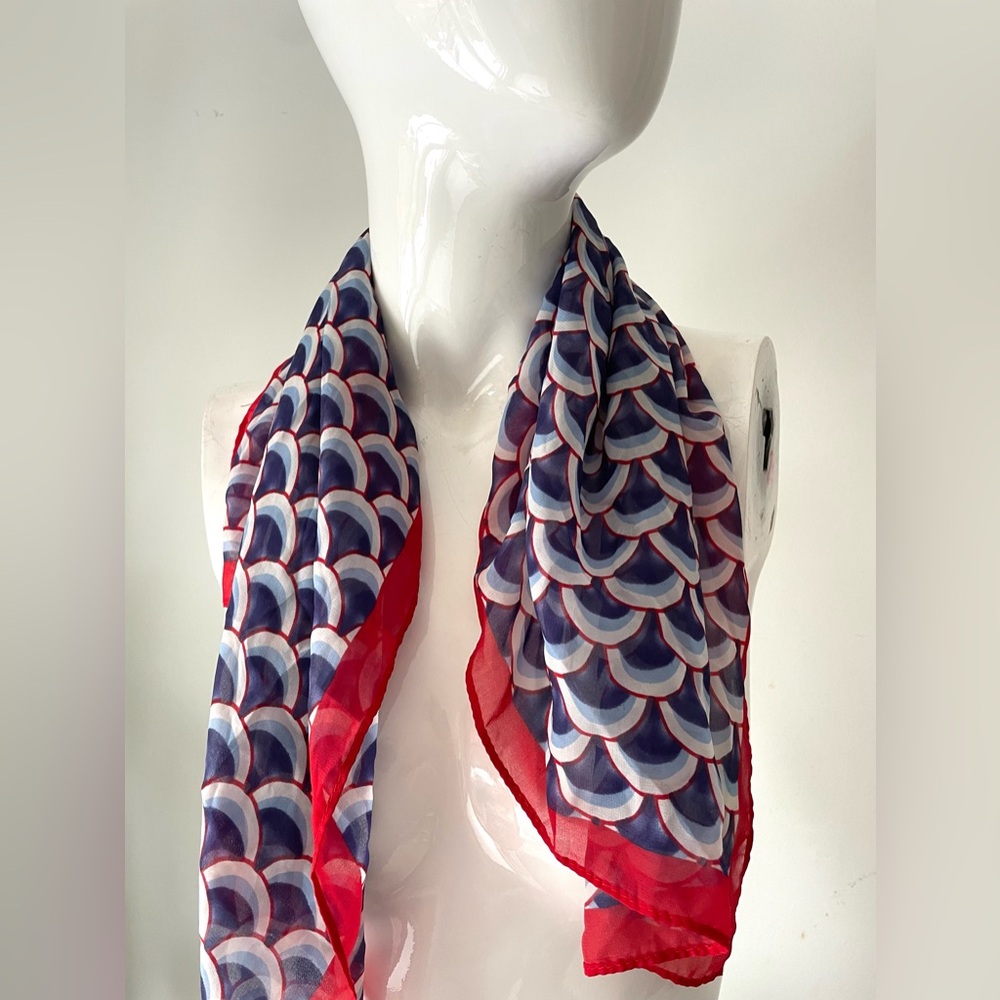 Sheer Geometric Square Scarf 27” | Red Border Retro Print Lightweight Neck Scarf